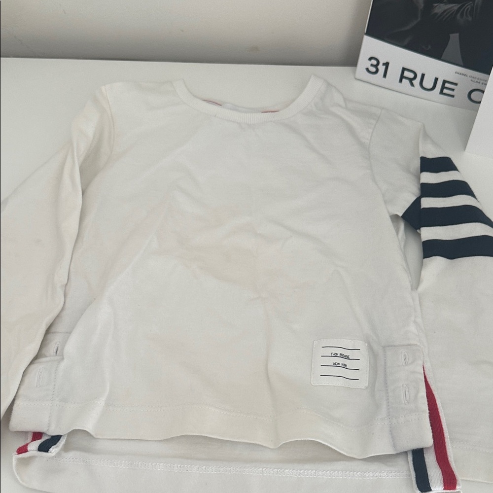 Thom Browne White Long Sleeve Kids Tee with Striped Accents